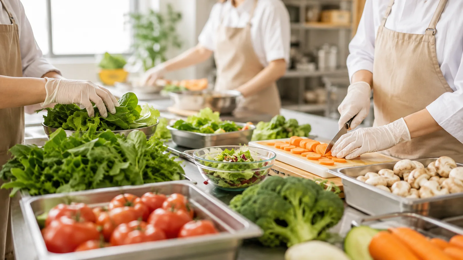 清潔な調理場で食材を準備するスタッフ